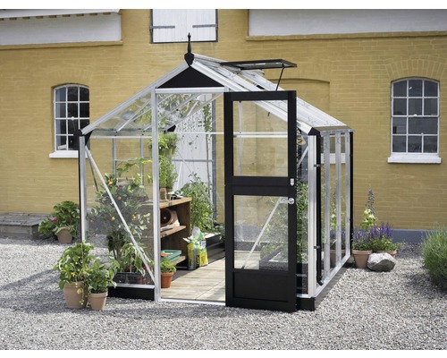 Gewächshaus JULIANA Compact 5,0 m² 3 mm Sicherheitsglas 224 x 224 cm Aluminium Gewächshaus mit geöffneter Tür, Pflanzen und Gartengeräten