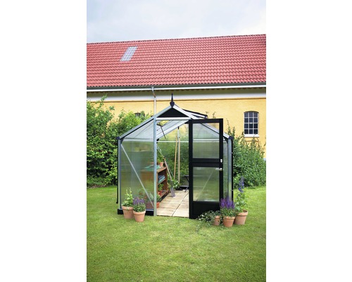 Serre avec porte ouverte dans le jardin