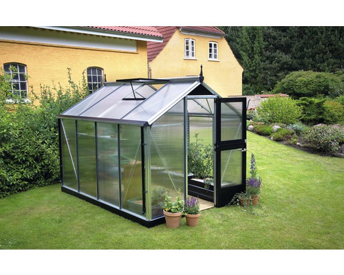 Serre avec porte ouverte et plantes dans le jardin