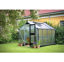 Gewächshaus im Garten mit geöffneter Tür und Pflanzen in Töpfen