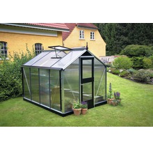 Gewächshaus im Garten mit Pflanzen in Töpfen.