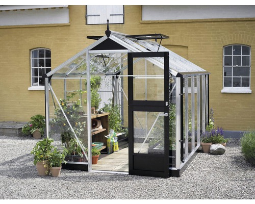 Gewächshaus JULIANA Compact 8,2 m² 3 mm Sicherheitsglas 224 x 368 cm Aluminium Gewächshaus mit geöffneter Tür im Garten.