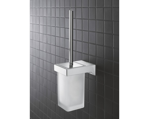 Garniture de WC murale avec récipient en verre satiné et brosse en acier