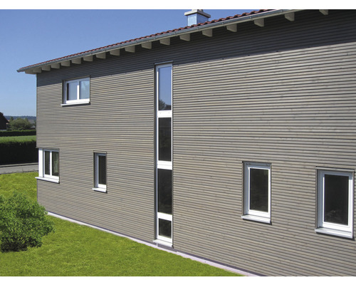 Hausfassade mit horizontaler Holzverkleidung und weißen Fensterrahmen