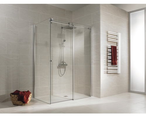 Porte coulissante avec paroi latérale Schulte MasterClass 1400x900x2000mm verre transparent chrome Porte coulissante avec paroi latérale Schulte MasterClass 1400x900x2000mm verre transparent chrome