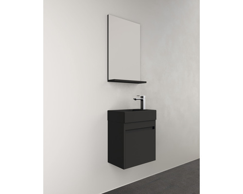 Schwarzer Waschtischunterschrank mit Spiegel und Regal für das Badezimmer.