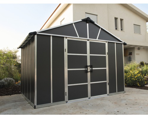 Abri de jardin Yukon 11x9 toit en polycarbonate et plancher compris 332x271 cm gris