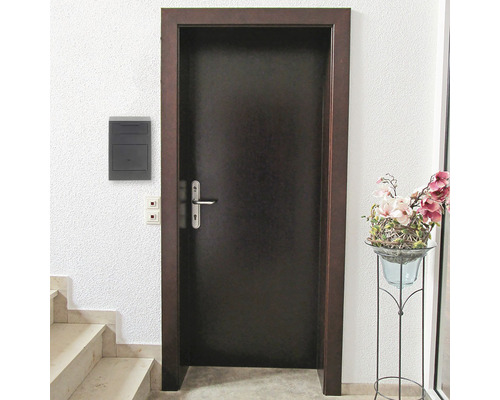 Porte intérieure foncée avec cadre, boîte aux lettres et composition florale dans l''entrée.