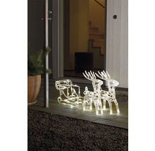 Traîneau illuminé avec des rennes comme décoration de Noël devant une porte d''entrée.