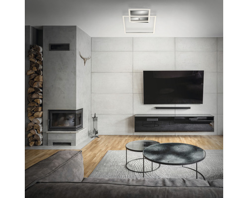 Salon moderne avec cheminée, télévision et plafonnier carré