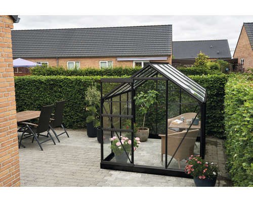 Gewächshaus mit Pflanzen und Gartenmöbeln im Garten