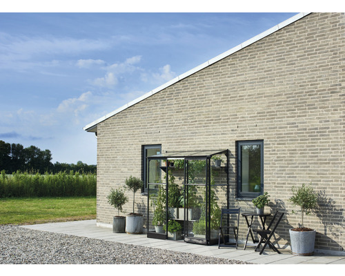 Gewächshaus aus Glas mit Pflanzen und Beistelltisch vor einem Haus