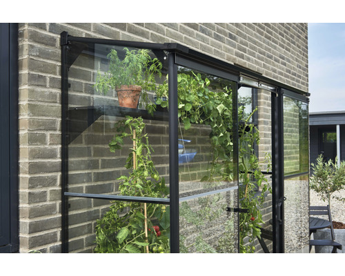 Anlehnhaus mit Pflanzen an einer Ziegelwand