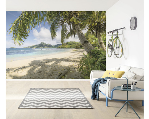 Salon avec papier peint photo d''un paysage de plage tropical, canapé et tapis