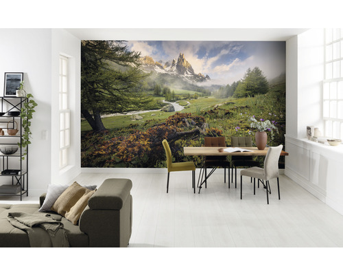 Salon avec papier peint photo paysage de montagne, coin repas et canapé