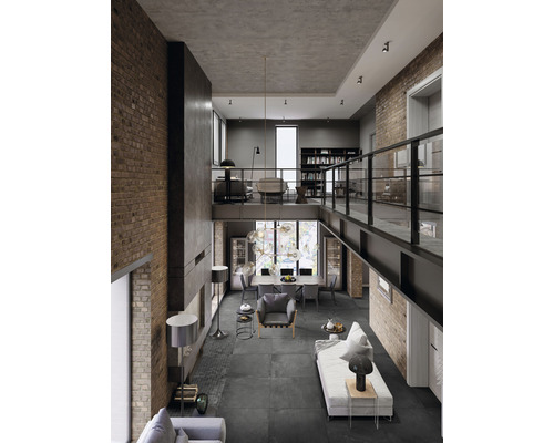Grosszügiges Wohnzimmer mit hohen Decken, Ziegelwänden und modernem Interieur