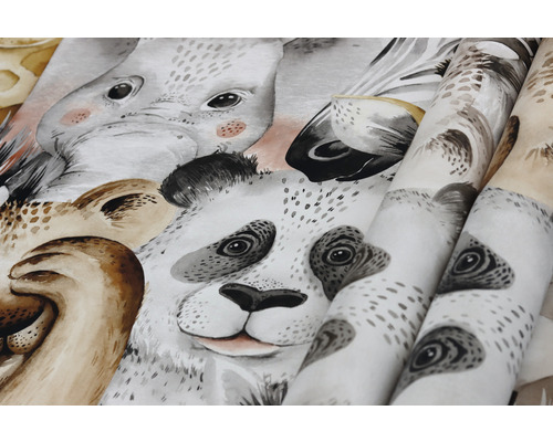 Tapete mit Tiermotiven, darunter Panda, Löwe, Zebra und Elefant