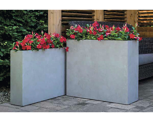 Zwei rechteckige Pflanzgefäße mit roten Blumen auf einer Terrasse.