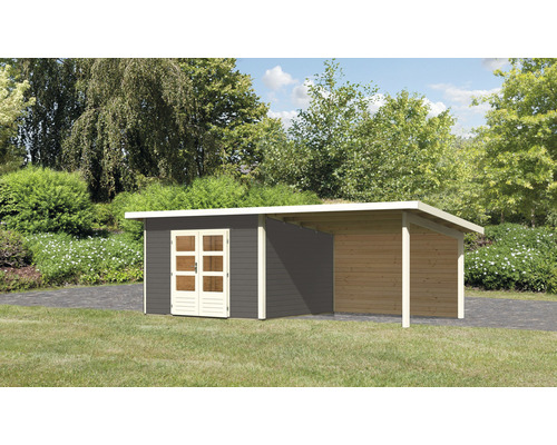 Abri de jardin Karibu Speyer 3 avec extension de toit 3,3 m et paroi arrière 664 x 331,5 cm gris terre cuite