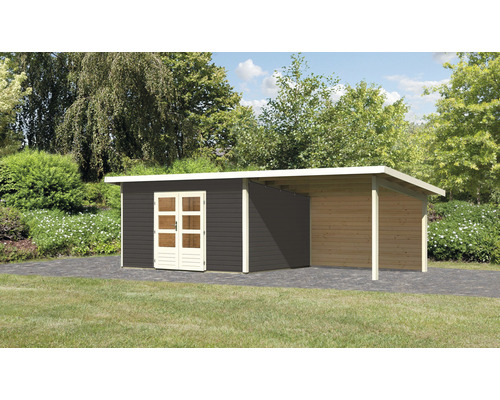 Abri de jardin avec abri voiture en bois à l''extérieur