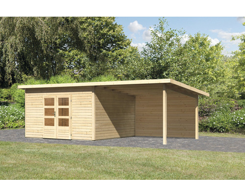 Abri de jardin Karibu Speyer 5 avec extension de toit 3,3 m et paroi arrière 724 x 393 cm naturel