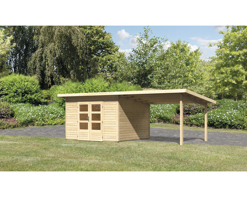 Abri de jardin Karibu Speyer 3 avec extension de toit 3,3 m 664 x 331,5 cm naturel Abri de jardin en bois avec carport dans le jardin