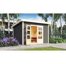 Holzgartenhaus mit Doppeltür und Inneneinrichtung im Garten