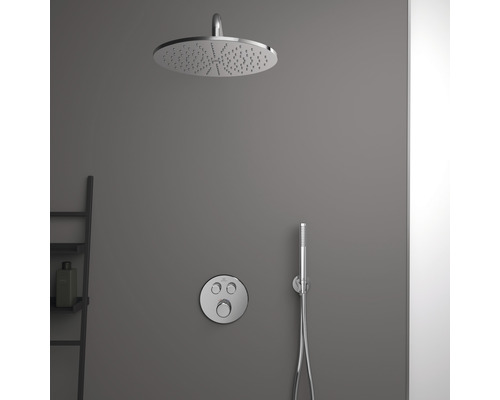 Salle de bains avec pomme de tête, douchette à main et robinetterie