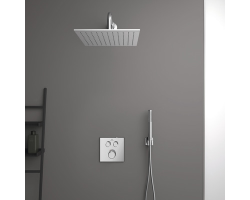 Douche de tête carrée, douchette à main et robinet de douche au mur