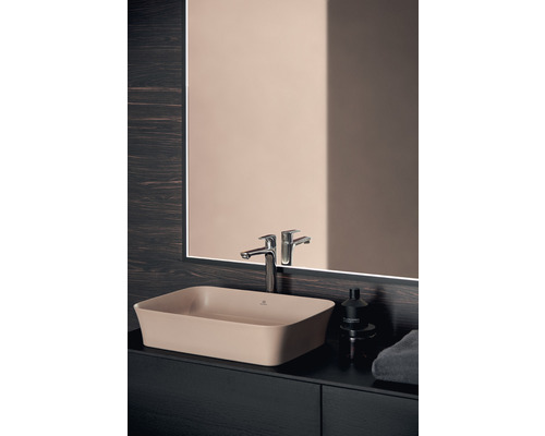 Lavabo dans une salle de bains avec robinetterie et miroir