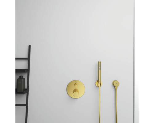 Badezimmer mit Duscharmatur, Handbrause und Regal