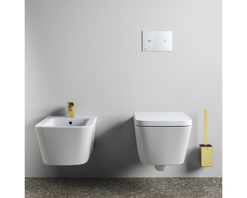 Scène de salle de bains avec bidet suspendu, toilettes, plaque de commande et brosse de toilette