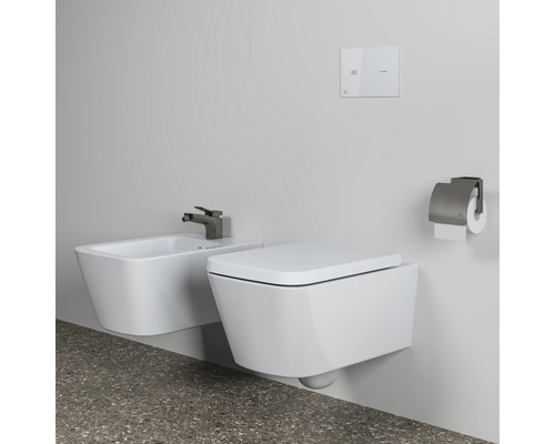 WC suspendu et bidet dans la salle de bain avec plaque de commande et porte-papier toilette