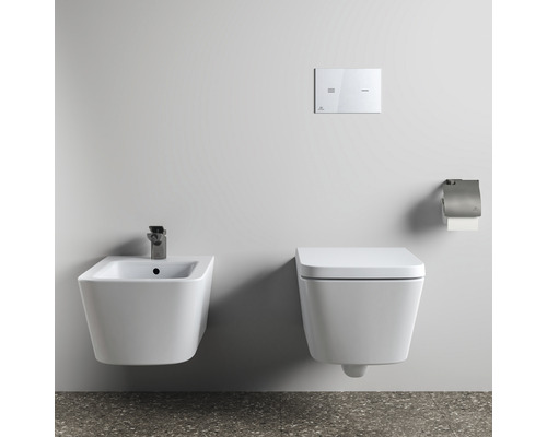 Bidet et toilettes suspendus avec bouton de chasse d''eau et porte-papier toilette dans la salle de bain