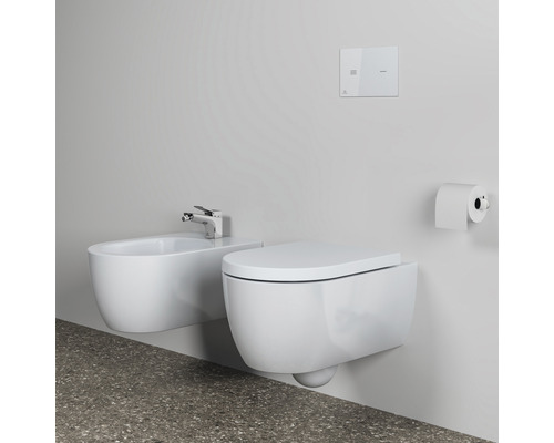 Bidet et WC suspendus avec plaque de commande et porte-papier hygiénique dans la salle de bain