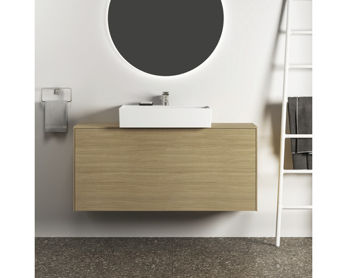 Salle de bain moderne avec meuble sous-lavabo, vasque à poser et miroir rond