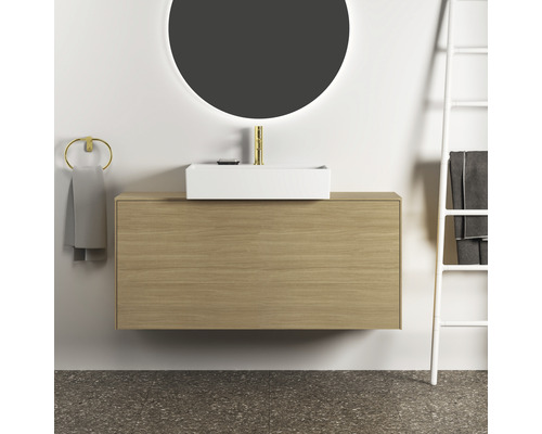 Salle de bains avec meuble sous-lavabo, vasque à poser, miroir et porte-serviettes