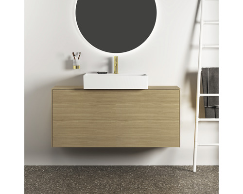 Salle de bains moderne avec meuble sous-lavabo, vasque à poser et miroir rond