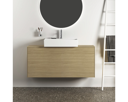 Modernes Badezimmer mit Waschtischunterschrank, Aufsatzwaschbecken und runder Spiegel