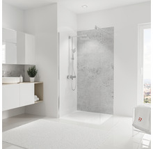 Salle de bains avec paroi de douche, lavabo et meubles de salle de bains dans un design clair