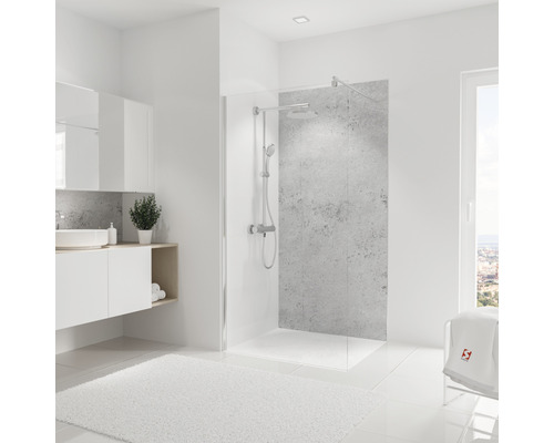 Salle de bains avec paroi de douche, lavabo et meubles de salle de bains dans un design clair