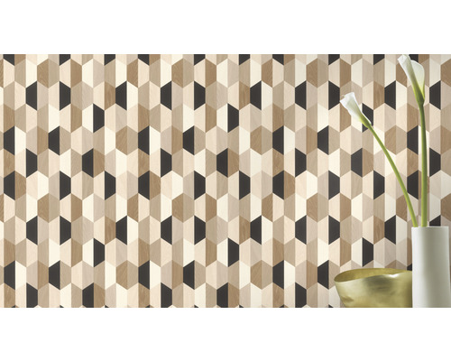 Tapete mit grafischem Muster in Holzoptik für die Wandgestaltung