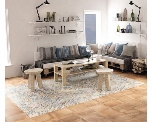 Séjour lumineux avec mobilier en palettes, tapis à motifs et étagères murales.