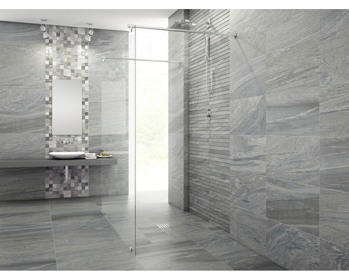 Salle de bains moderne avec carrelage gris, douche et lavabo