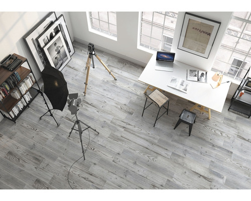 Vue intérieure d''un studio avec équipement photographique, bureau, étagères et plancher en bois gris