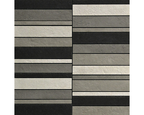 Fliesenmuster mit horizontalen Streifen in verschiedenen Grautönen.