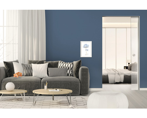 Pertura Glasschiebetür Freia Clear 1980x860x8 mm links/rechts für System Eclisse Unico und Knauf Pocket Kit Easy Wohnzimmer mit Sofa, Couchtisch und Wandbild