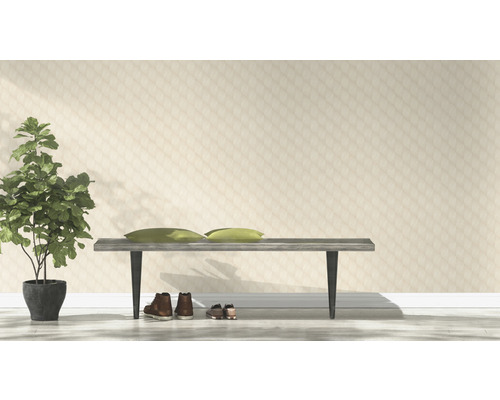 Intérieur lumineux avec banc, coussins, plante en pot et chaussures