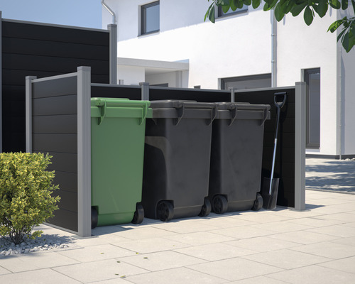 Cache-conteneurs avec trois poubelles et une pelle