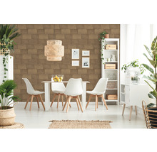 Esszimmer mit Esstisch, Stühlen, Regal und Backstein Tapete